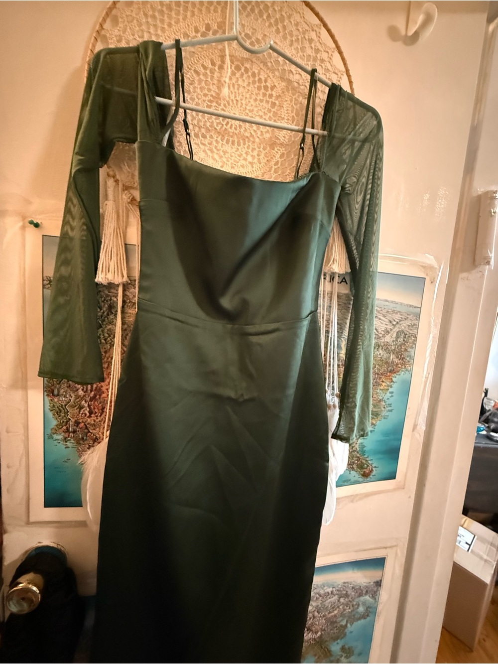 House of CB Deep Green Satin Midi Dress with Sheer Long Sleeves